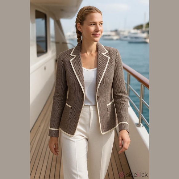 Liz Claiborne Jackets & Blazers - VTG LIZ CLAIBORNE SEERSUCKER PINSTRIPED BROWN & WHITE BLAZER W WHITE RIBBON TRIM